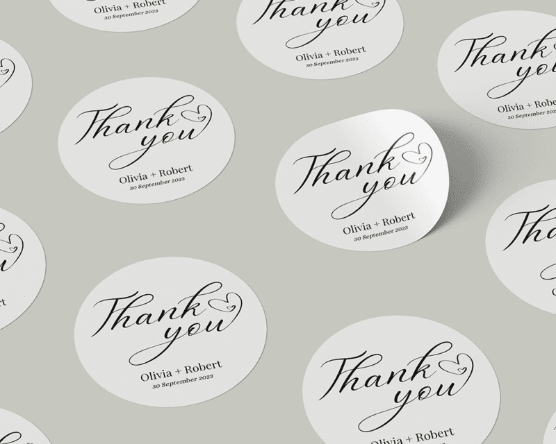 Wedding Thank You round stickers personalised with your names and wedding date