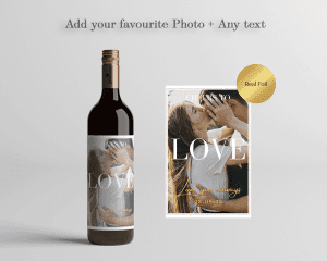 Personalised photo wine bottle label with custom text