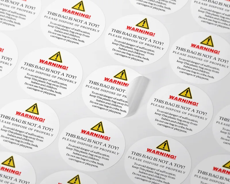 Round Suffocation warning labels, Cellophane Bags Hazard
