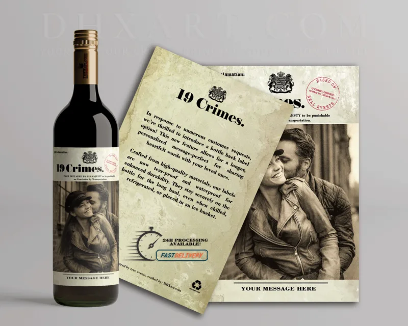 19 Crimes inspired photo wine bottle label