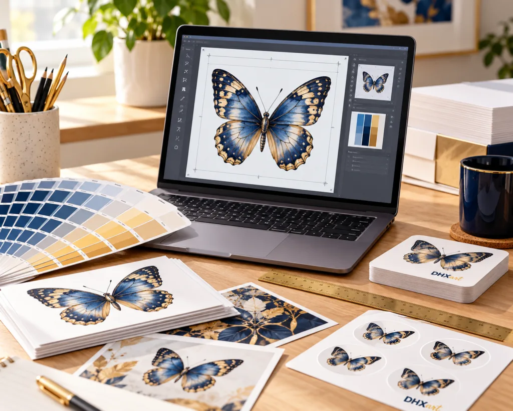 Artwork preparation for printing with butterfly designs on a laptop and printed sticker sheets
